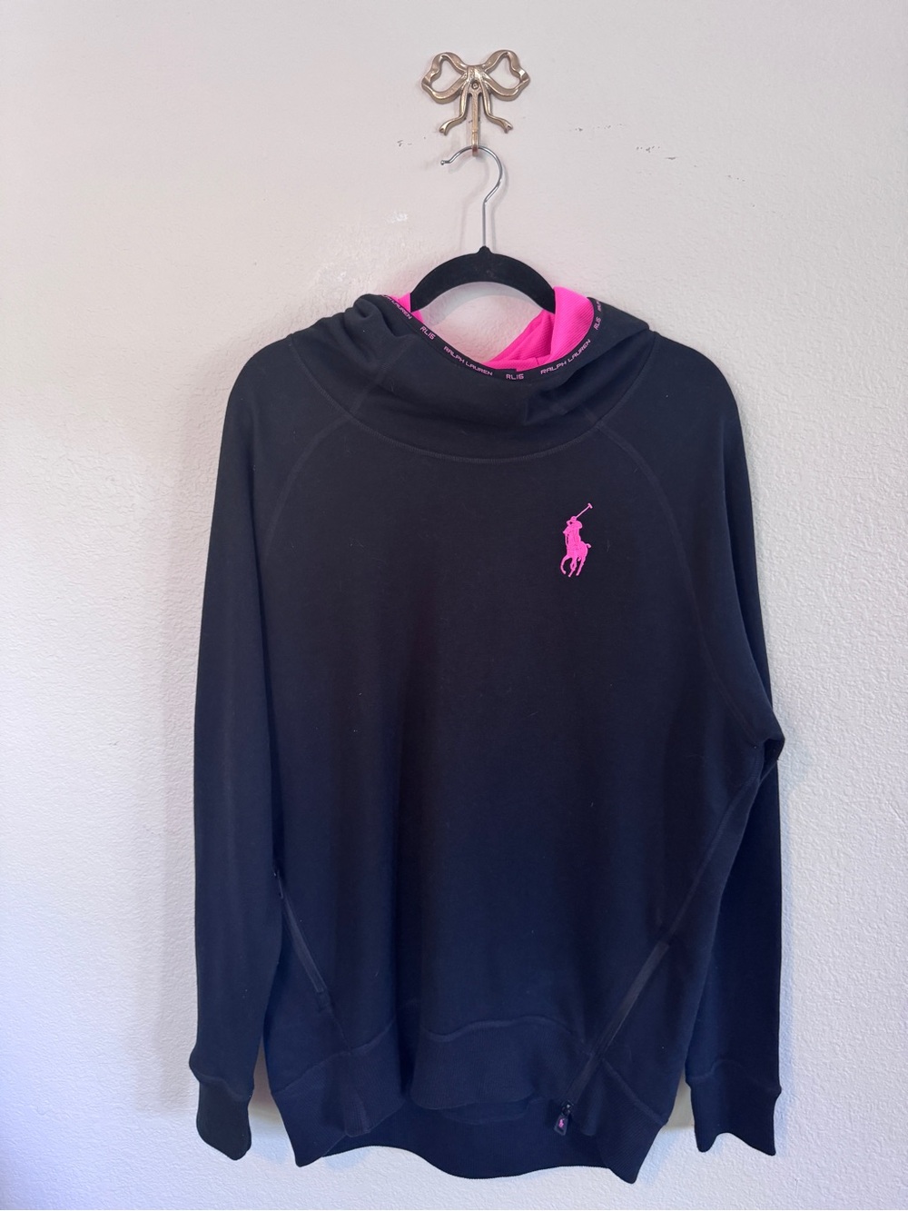 Ralph Lauren Black Cowlneck Sweater with Pink Logo and Hood Lining ~ Size Large